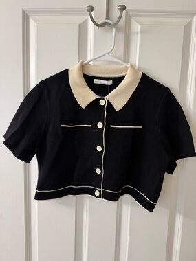 OAK + FORT Black Knit Cardigan with Cream Trim